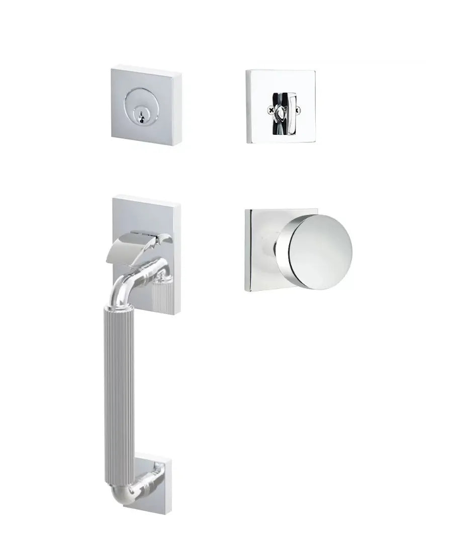 Emtek SELECT R-Bar Stem, Straight Knurled Grip Sectional Tubular Entry Set with Round Knob in Polished Chrome finish