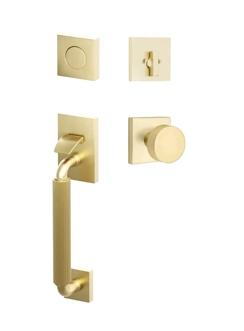 Emtek SELECT R-Bar Stem, Straight Knurled Grip Sectional Tubular Entry Set with Round Knob in Satin Brass finish