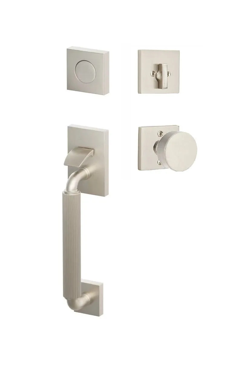 Emtek SELECT R-Bar Stem, Straight Knurled Grip Sectional Tubular Entry Set with Round Knob in Satin Nickel finish