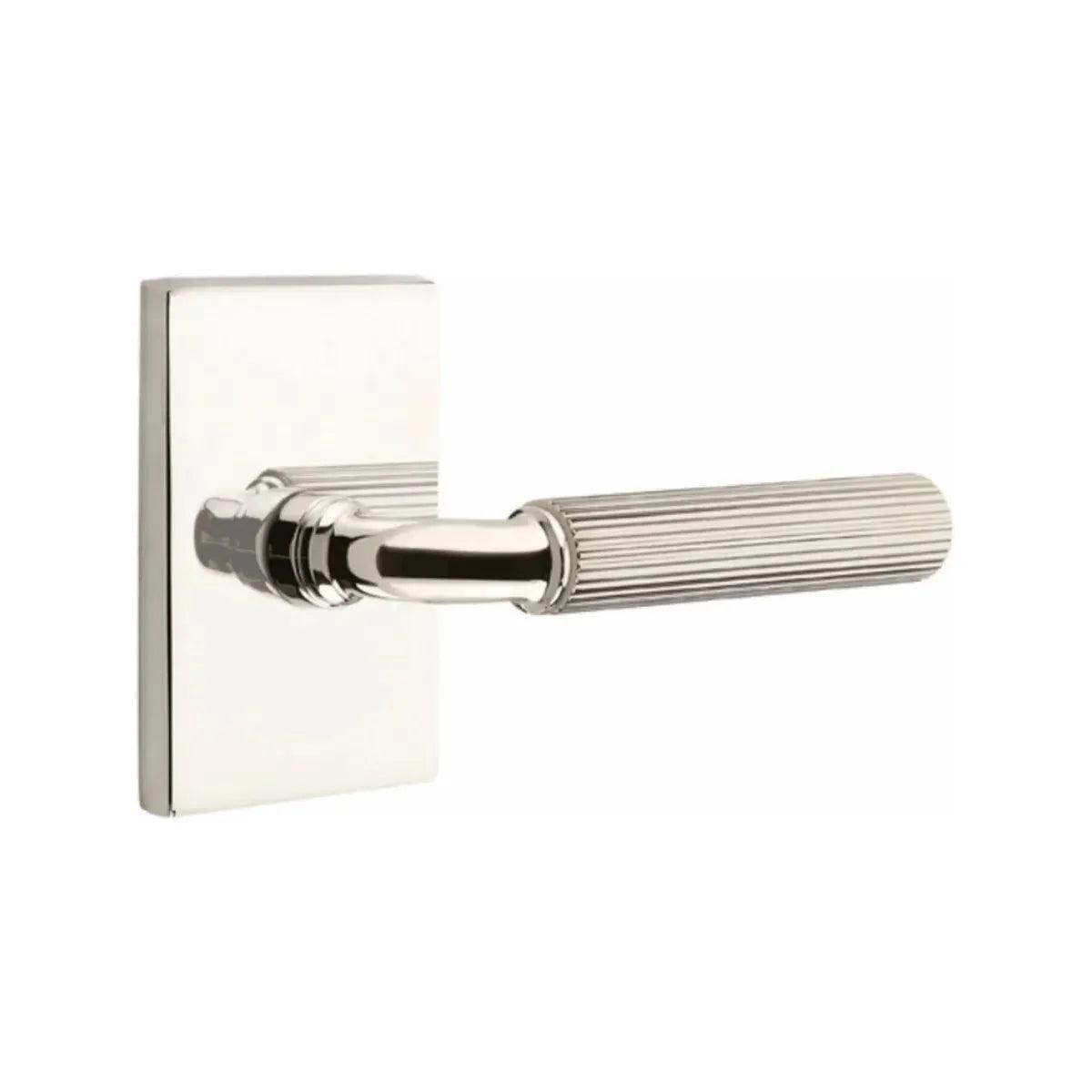 Emtek Select R-Bar Straight Knurled Lever with Modern Rectangular Rosette Lifetime Polished Nickel