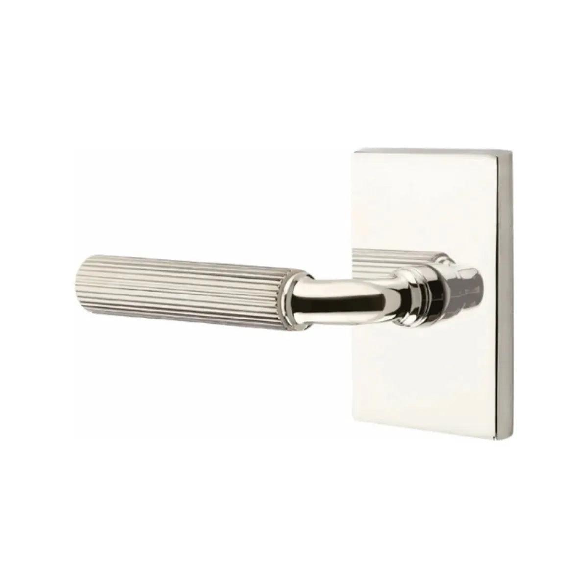 Emtek Select R-Bar Straight Knurled Lever with Modern Rectangular Rosette Lifetime Polished Nickel