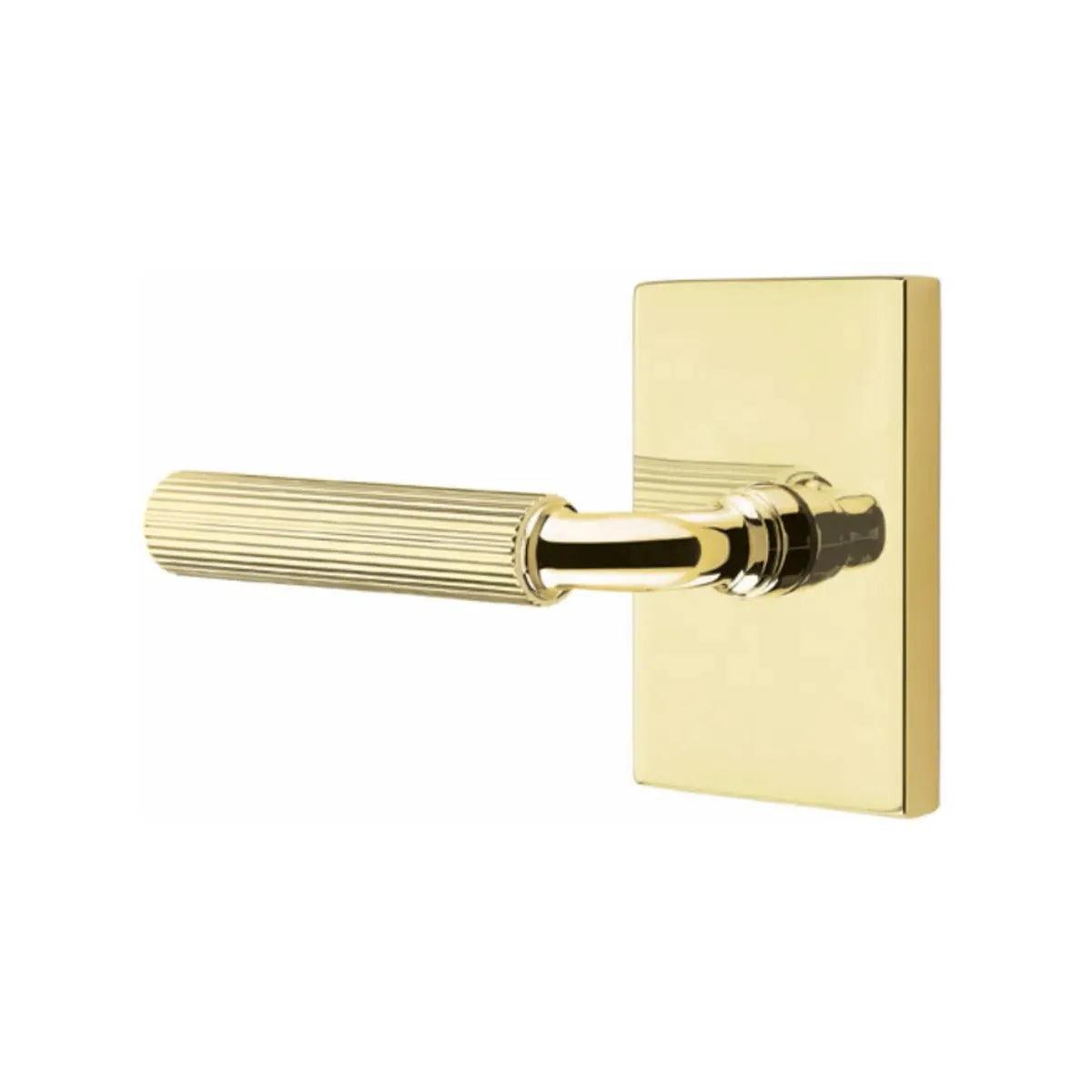 Emtek Select R-Bar Straight Knurled Lever with Modern Rectangular Rosette Unlacquered Brass
