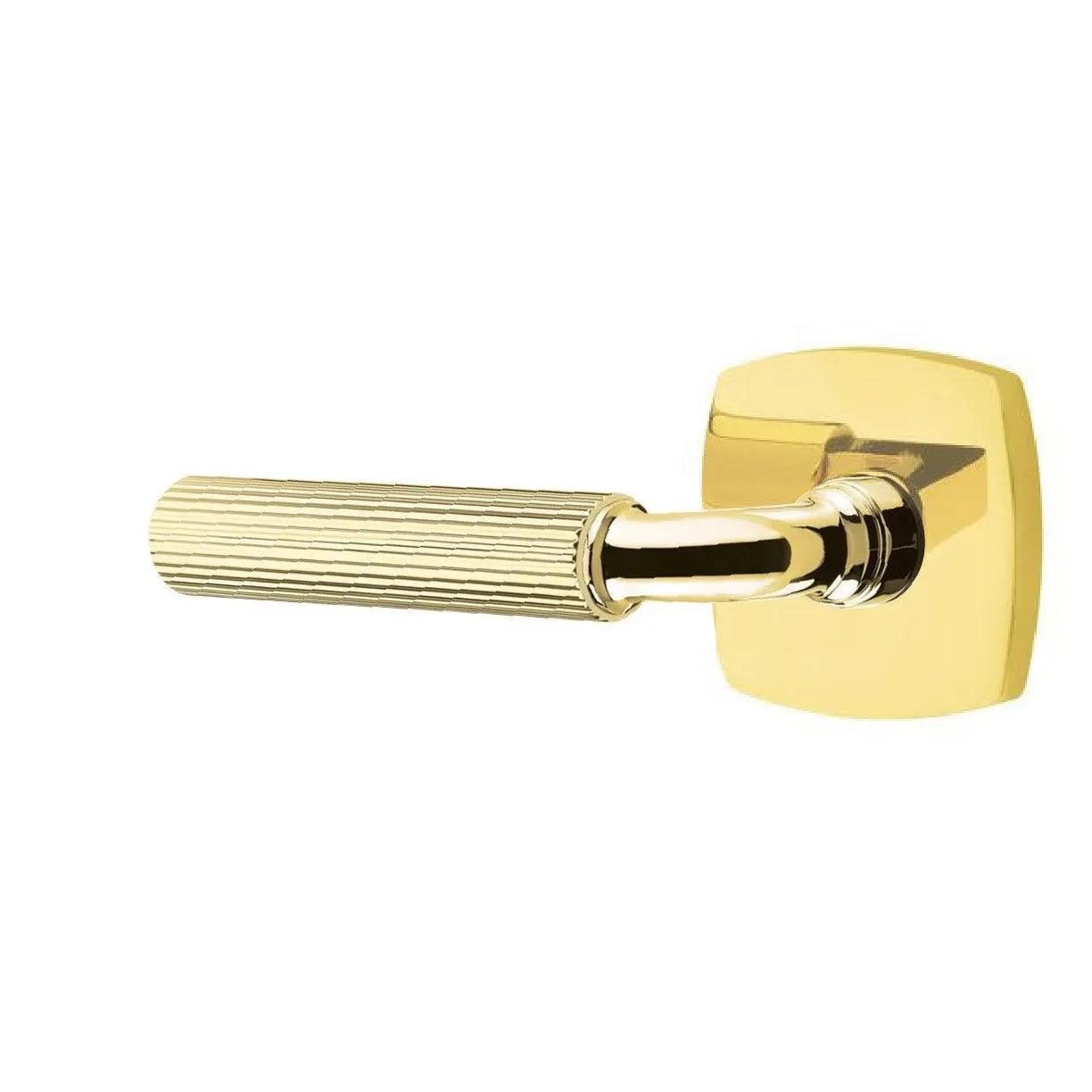 Emtek Select R-Bar Straight Knurled Lever with Urban Modern Rosette Unlacquered Brass