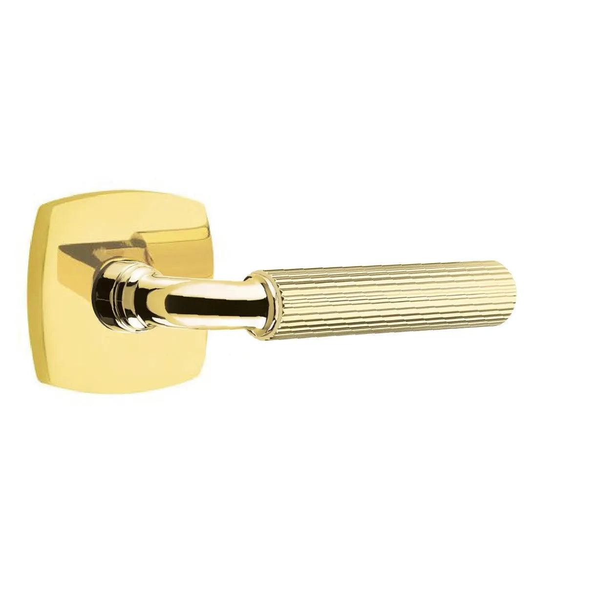 Emtek Select R-Bar Straight Knurled Lever with Urban Modern Rosette Unlacquered Brass