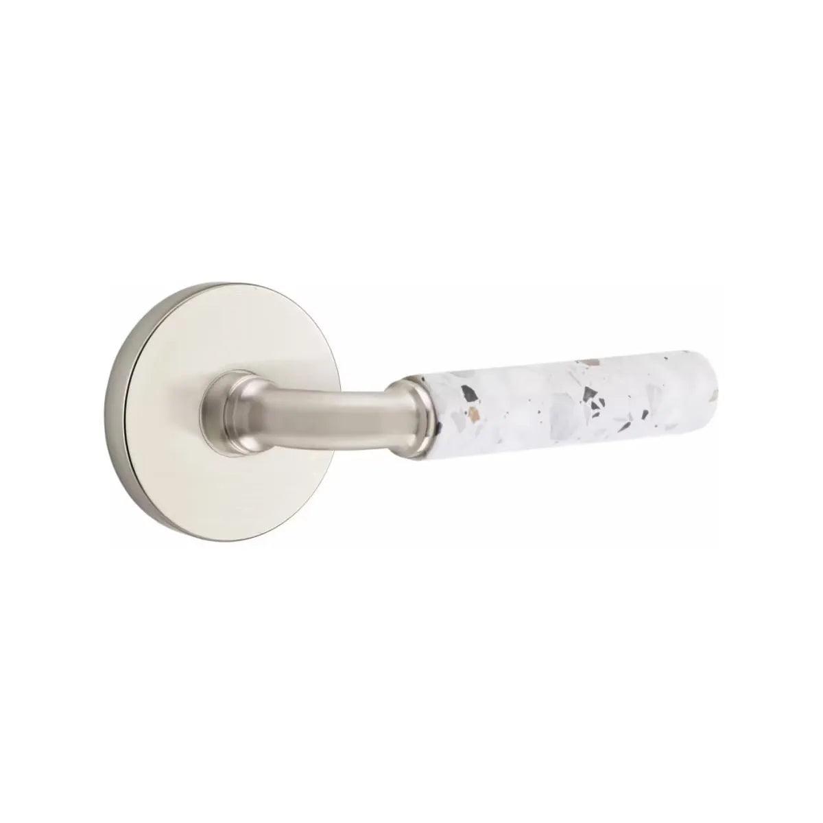 Emtek Select R-Bar Terrazzo Lever with Disk Rosette Satin Nickel