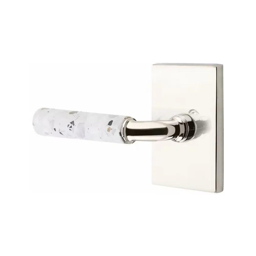 Emtek Select R-Bar Terrazzo Lever with Modern Rectangular Rosette Polished Nickel