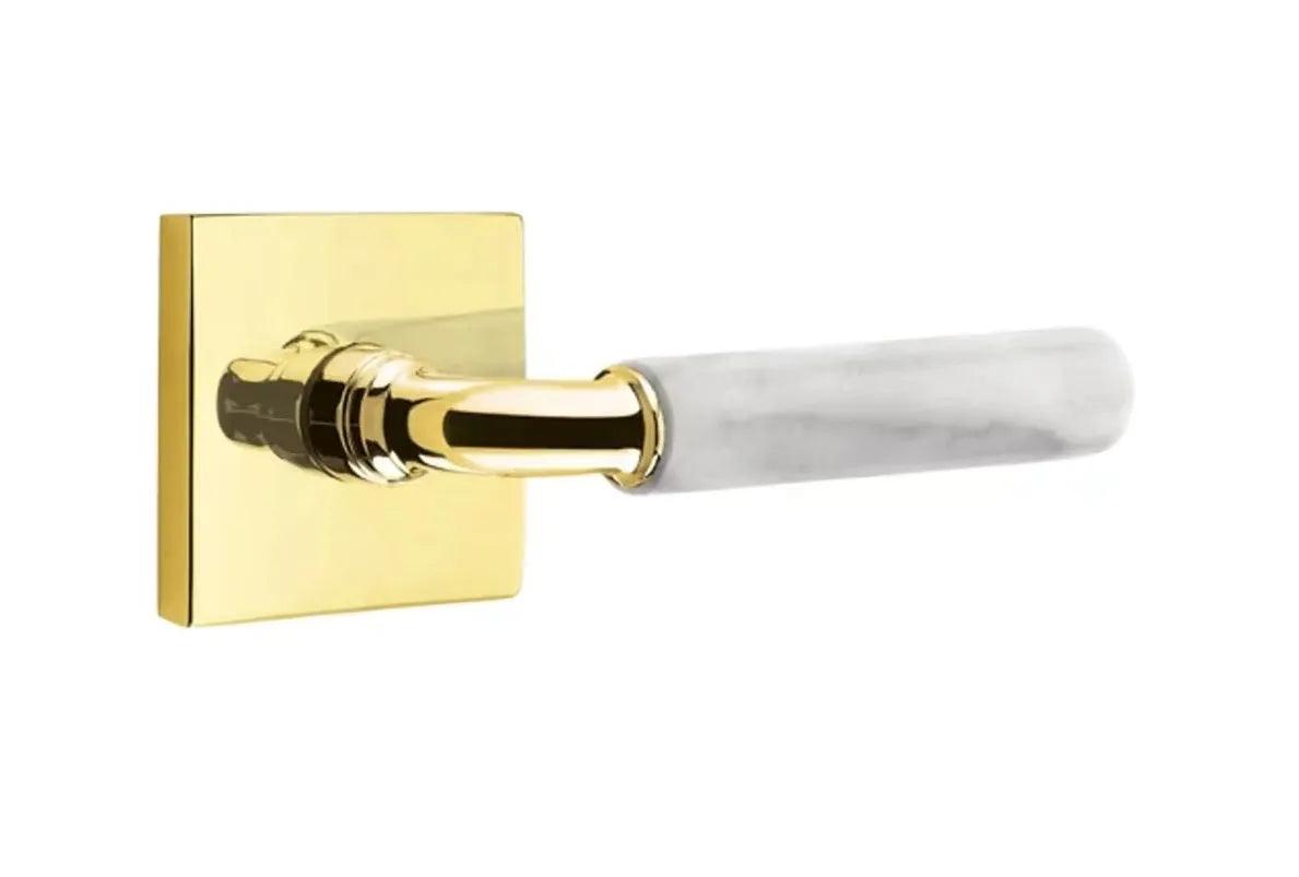 Emtek Select R-Bar White Marble Lever with Square Rosette Unlacquered Brass