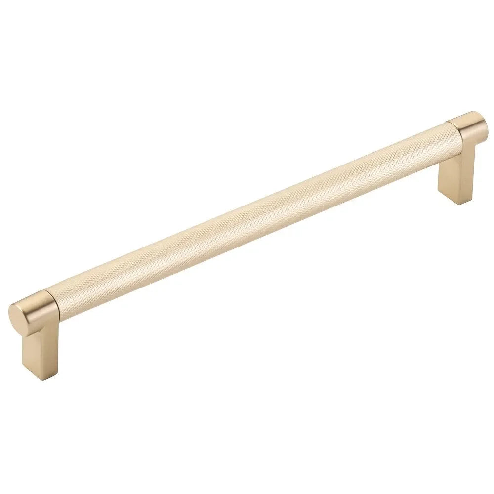 The Emtek Select Rectangular Stem Knurled Cabinet Pull in Satin Brass finish