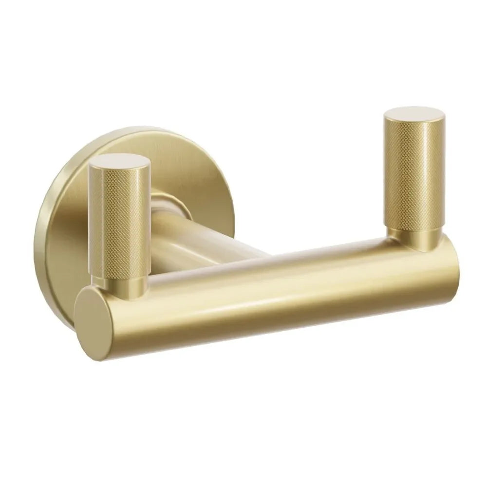 The Emtek SELECT Round Stem with Knurled Tip Double Hook with Small Disc Rosette in Satin Brass finish.