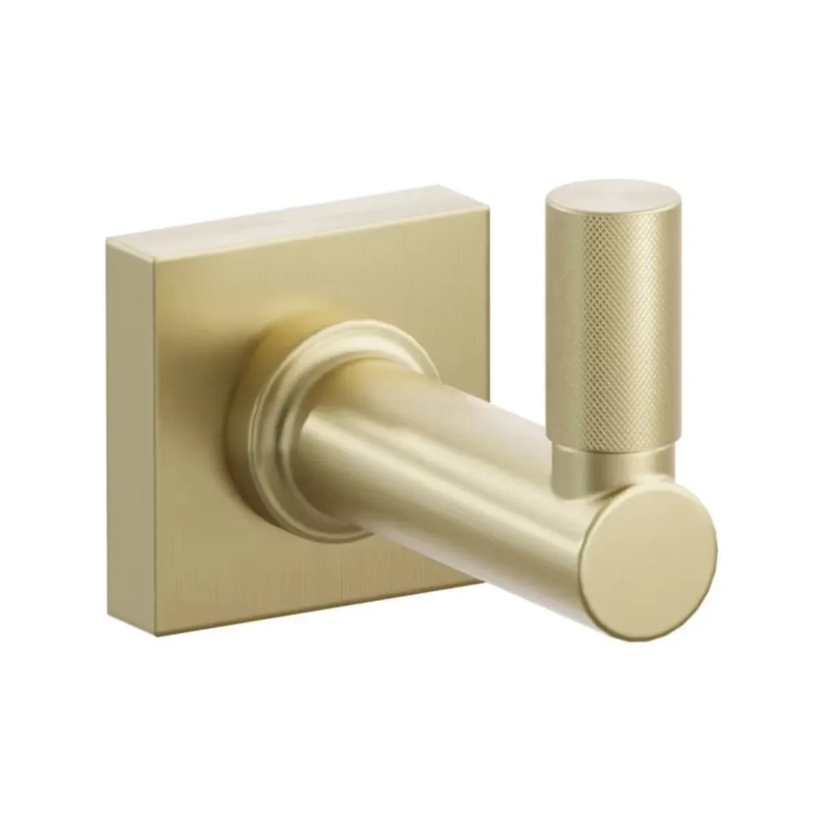 The Emtek SELECT Round Stem with Knurled Tip Single Hook with Small Square Rosette in Satin Brass finish.
