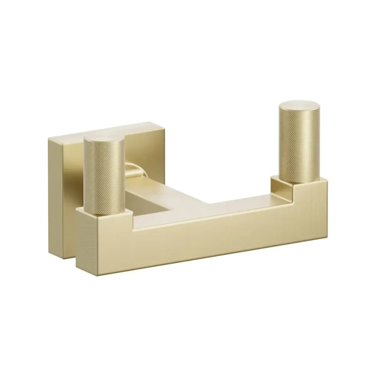 The Emtek SELECT Square Stem with Knurled Tip Double Hook with Small Square Rosette in Satin Brass finish.