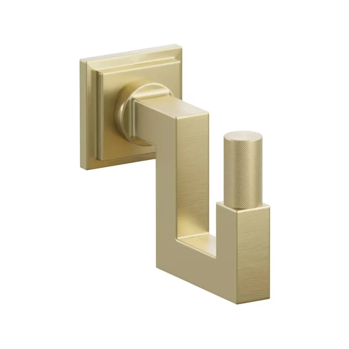 The Emtek SELECT Square Stem with Knurled Tip U Hook with Step Square Rosette in Satin Brass finish.