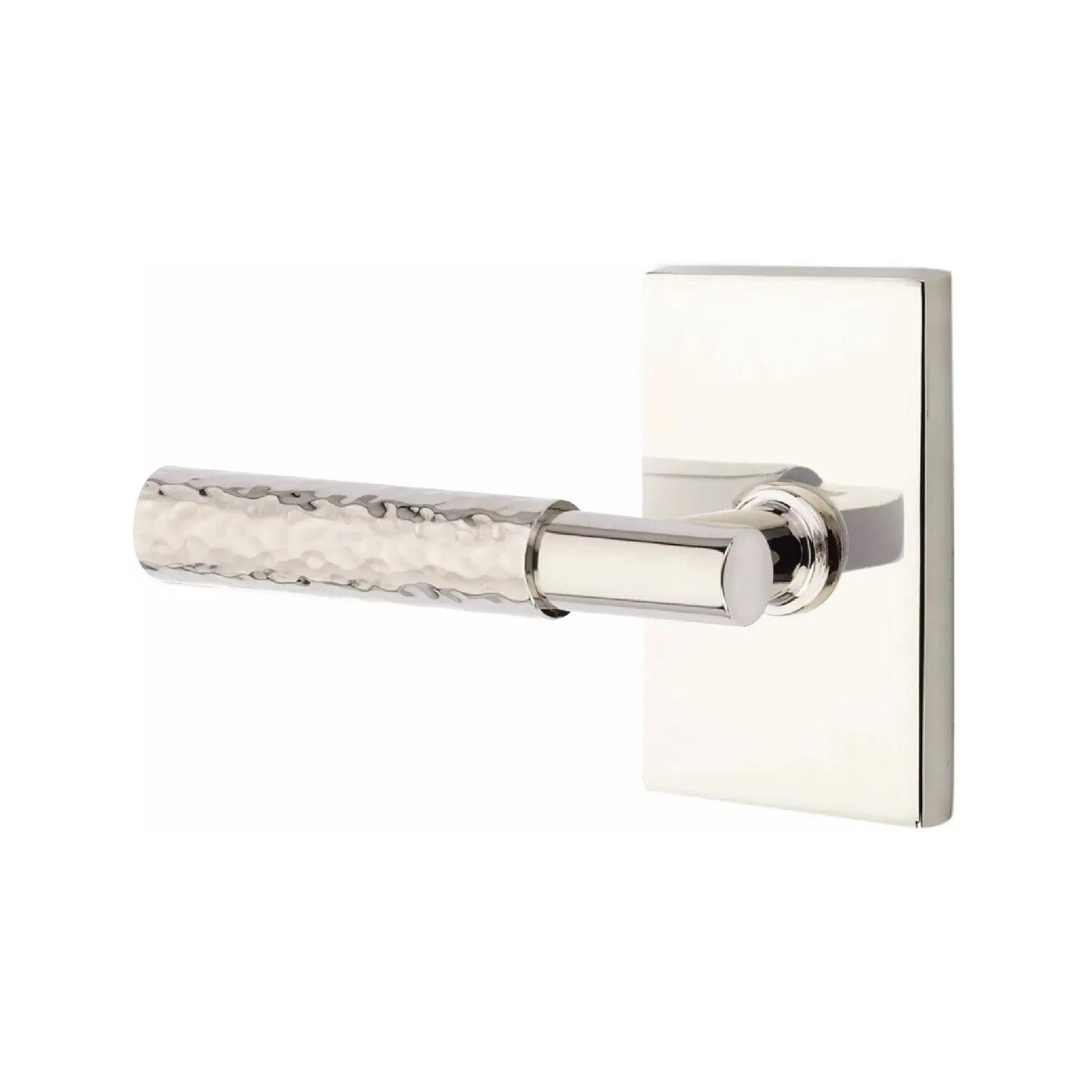 Emtek Select T-Bar Hammered Lever with Modern Rectangular Rosette Lifetime Polished Nickel