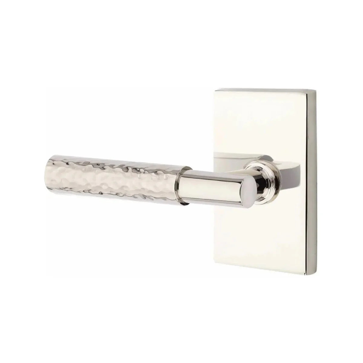 Emtek Select T-Bar Hammered Lever with Modern Rectangular Rosette Lifetime Polished Nickel
