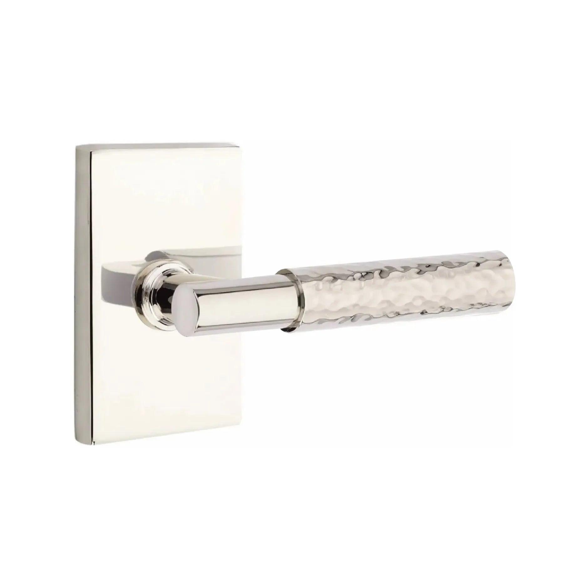 Emtek Select T-Bar Hammered Lever with Modern Rectangular Rosette Lifetime Polished Nickel