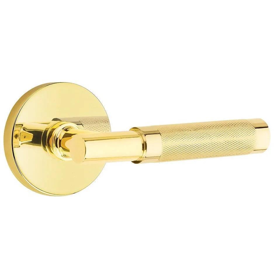 Emtek Select T-Bar Knurled Lever with Disk Rosette in Unlacquered Brass finish