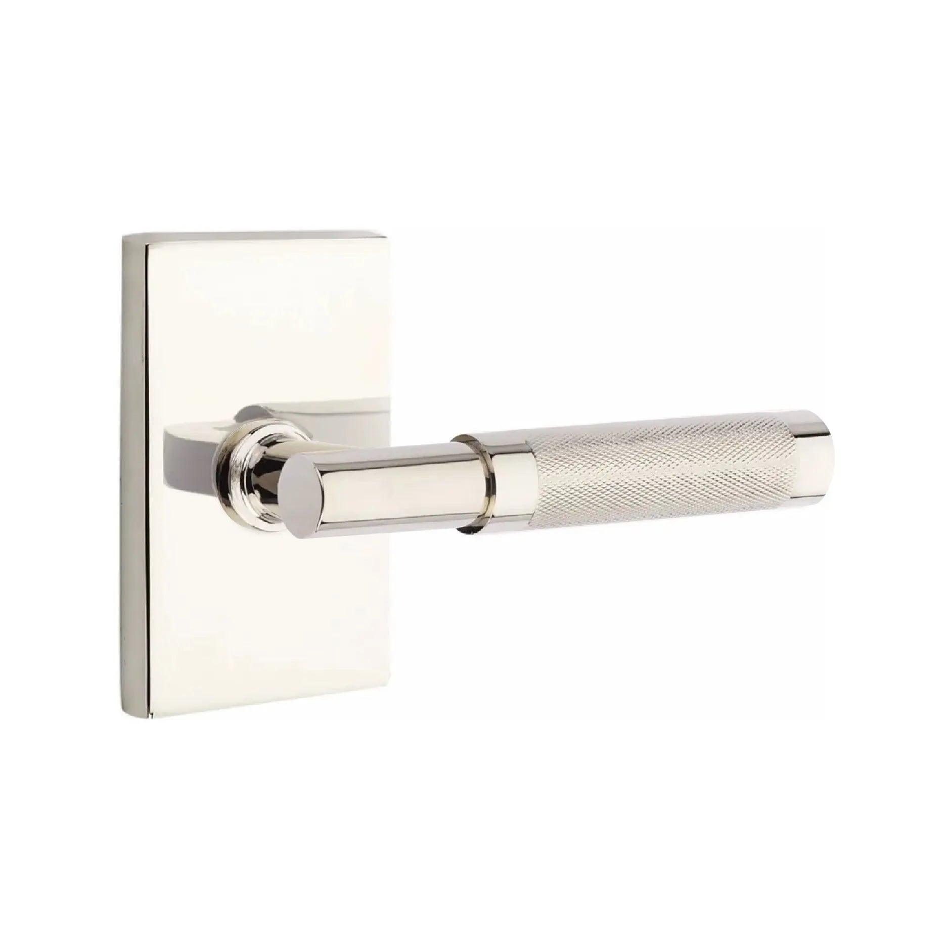 Emtek Select T-Bar Knurled Lever with Modern Rectangular Rosette Lifetime Polished Nickel