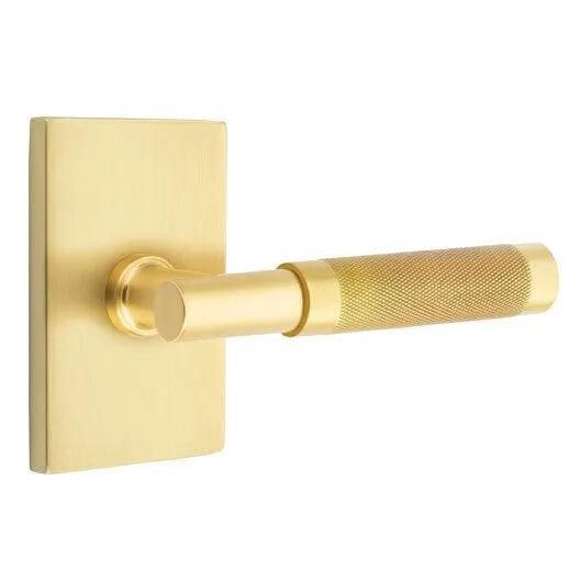Emtek Select T-Bar Knurled Lever with Modern Rectangular Rosette Satin Brass