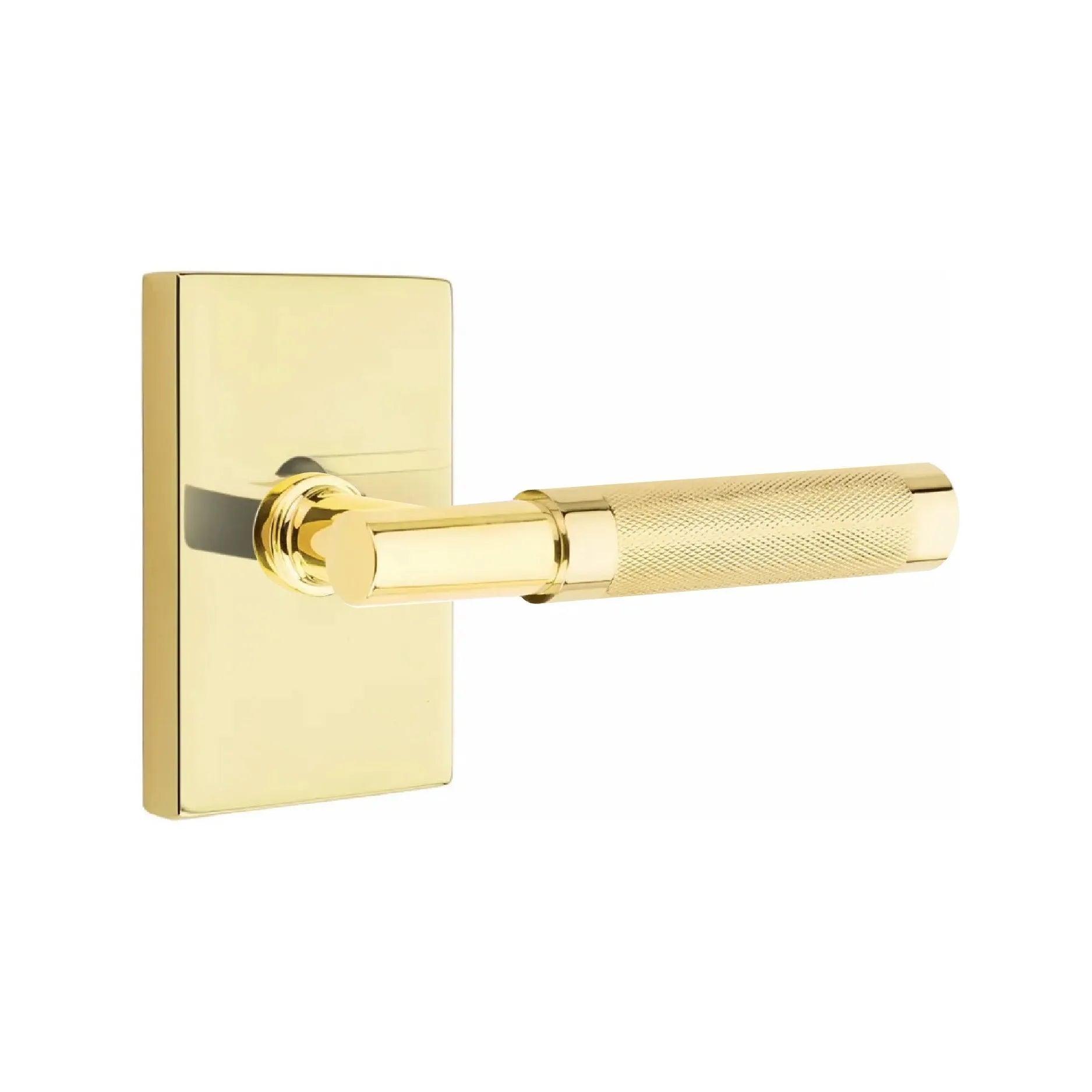 Emtek Select T-Bar Knurled Lever with Modern Rectangular Rosette Unlacquered Brass