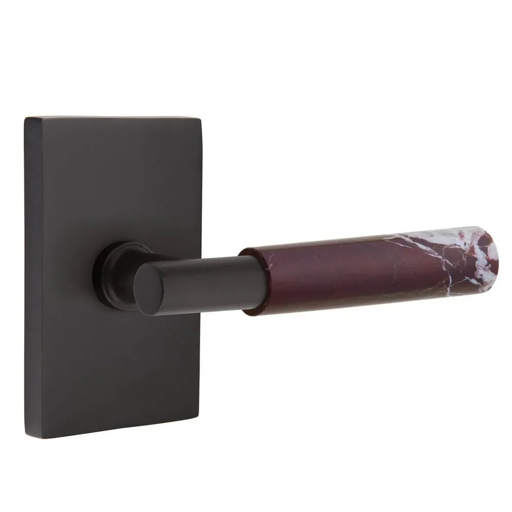 The Emtek Select T-Bar Rosso Levanto Marble Lever with Modern Rectangular Rosette in Flat Black finish.