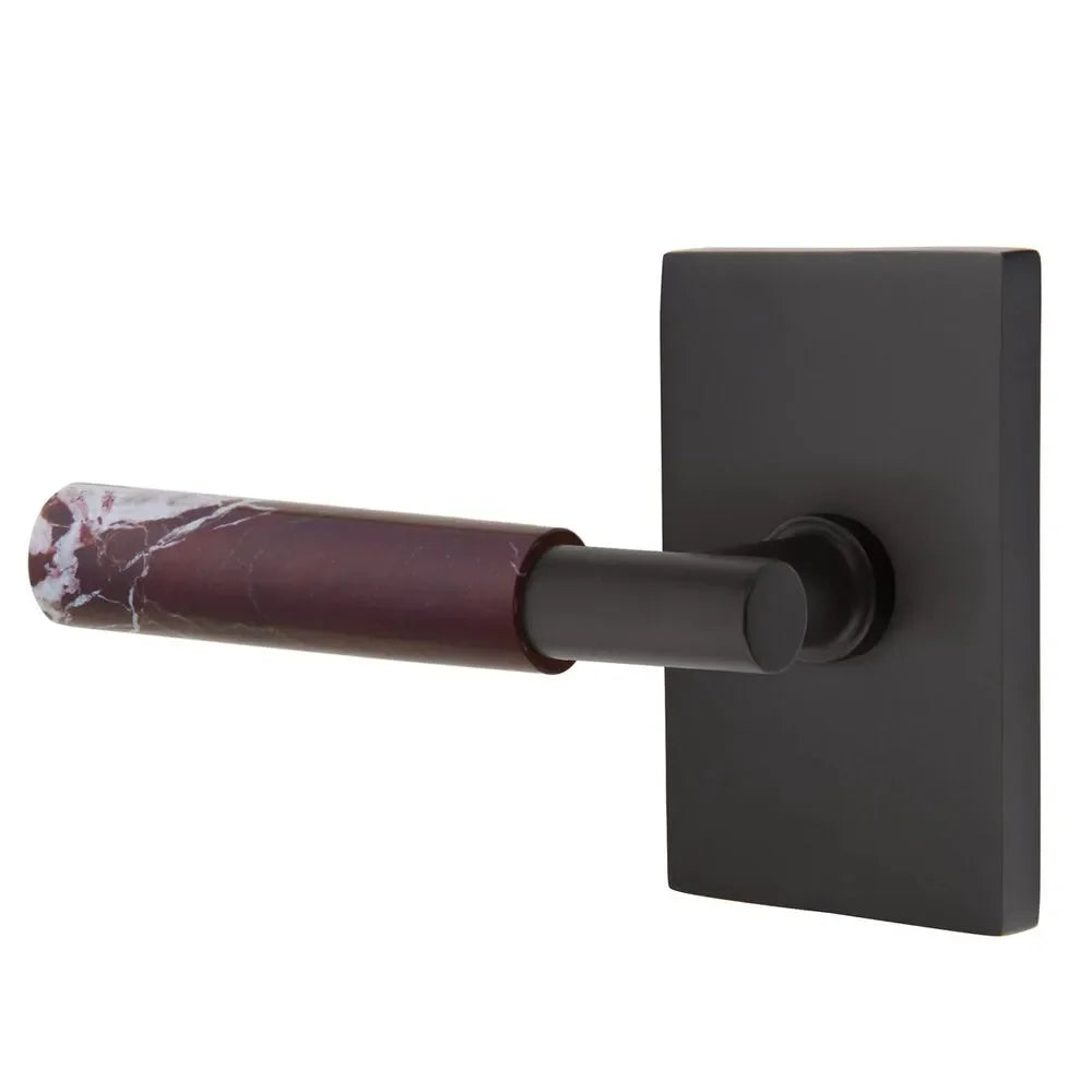The Emtek Select T-Bar Rosso Levanto Marble Lever with Modern Rectangular Rosette in Flat Black finish.