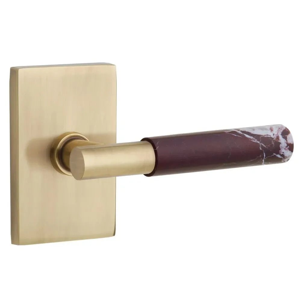 The Emtek Select T-Bar Rosso Levanto Marble Lever with Modern Rectangular Rosette in French Antique finish.