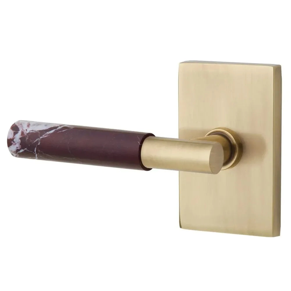 The Emtek Select T-Bar Rosso Levanto Marble Lever with Modern Rectangular Rosette in French Antique finish.