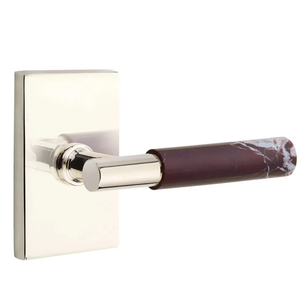 The Emtek Select T-Bar Rosso Levanto Marble Lever with Modern Rectangular Rosette in Lifetime Polished Nickel finish.