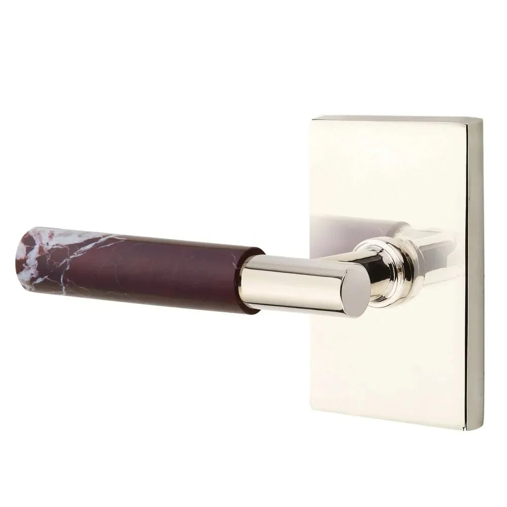 The Emtek Select T-Bar Rosso Levanto Marble Lever with Modern Rectangular Rosette in Lifetime Polished Nickel finish.