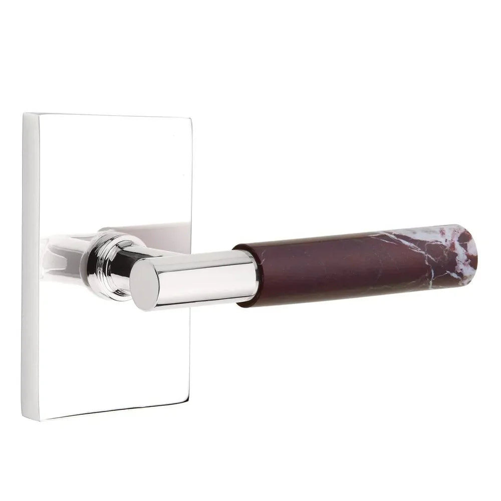 The Emtek Select T-Bar Rosso Levanto Marble Lever with Modern Rectangular Rosette in Polished Chrome finish.