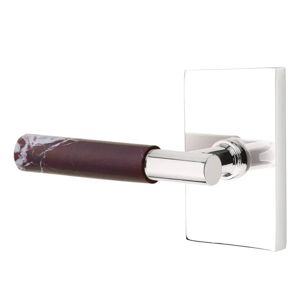 The Emtek Select T-Bar Rosso Levanto Marble Lever with Modern Rectangular Rosette in Polished Chrome finish.