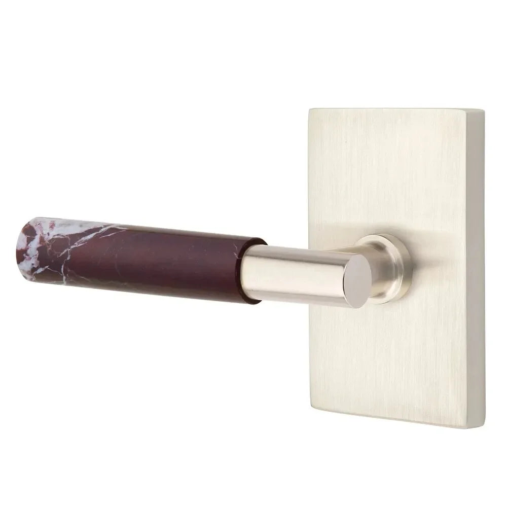 The Emtek Select T-Bar Rosso Levanto Marble Lever with Modern Rectangular Rosette in Satin Nickel finish.