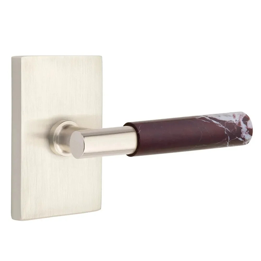 The Emtek Select T-Bar Rosso Levanto Marble Lever with Modern Rectangular Rosette in Satin Nickel finish.