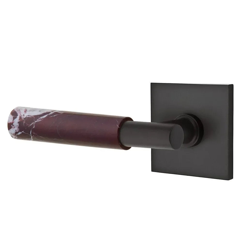 The Emtek Select T-Bar Rosso Levanto Marble Lever with Square Rosette in Flat Black finish.