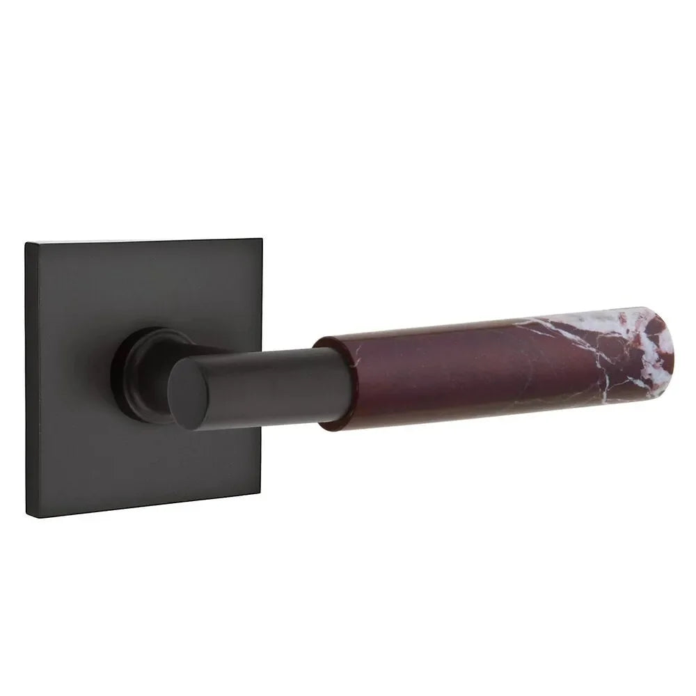 The Emtek Select T-Bar Rosso Levanto Marble Lever with Square Rosette in Flat Black finish.