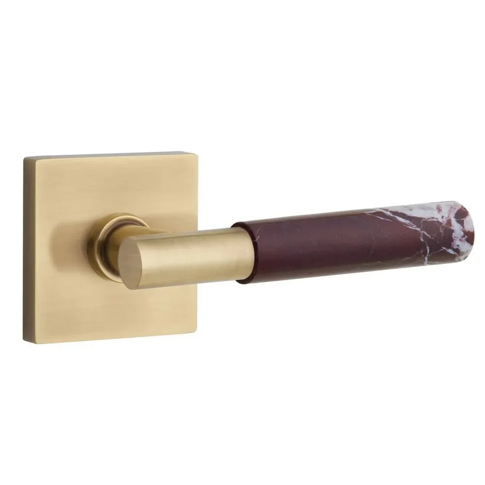 The Emtek Select T-Bar Rosso Levanto Marble Lever with Square Rosette in French Antique finish.