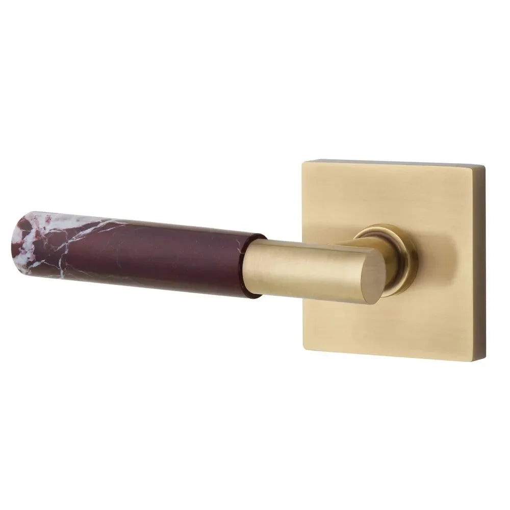 The Emtek Select T-Bar Rosso Levanto Marble Lever with Square Rosette in French Antique finish.
