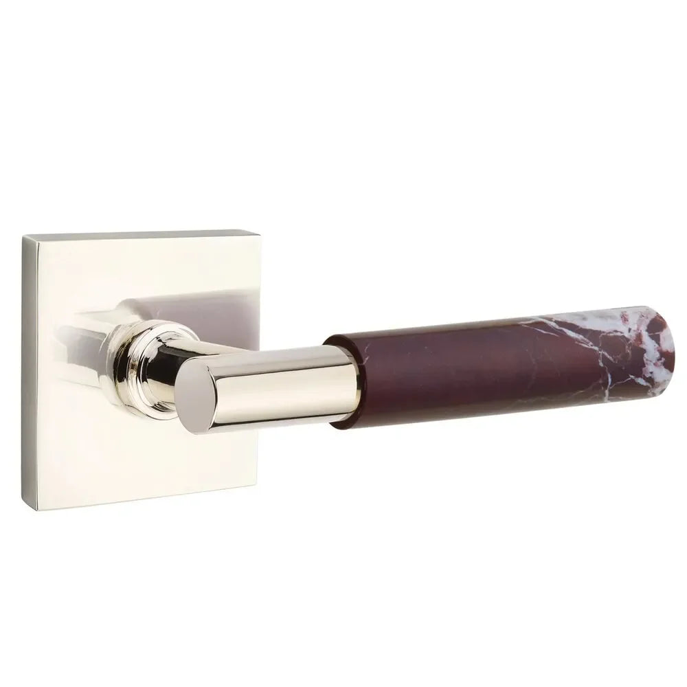 The Emtek Select T-Bar Rosso Levanto Marble Lever with Square Rosette in Lifetime Polished Nickel finish.