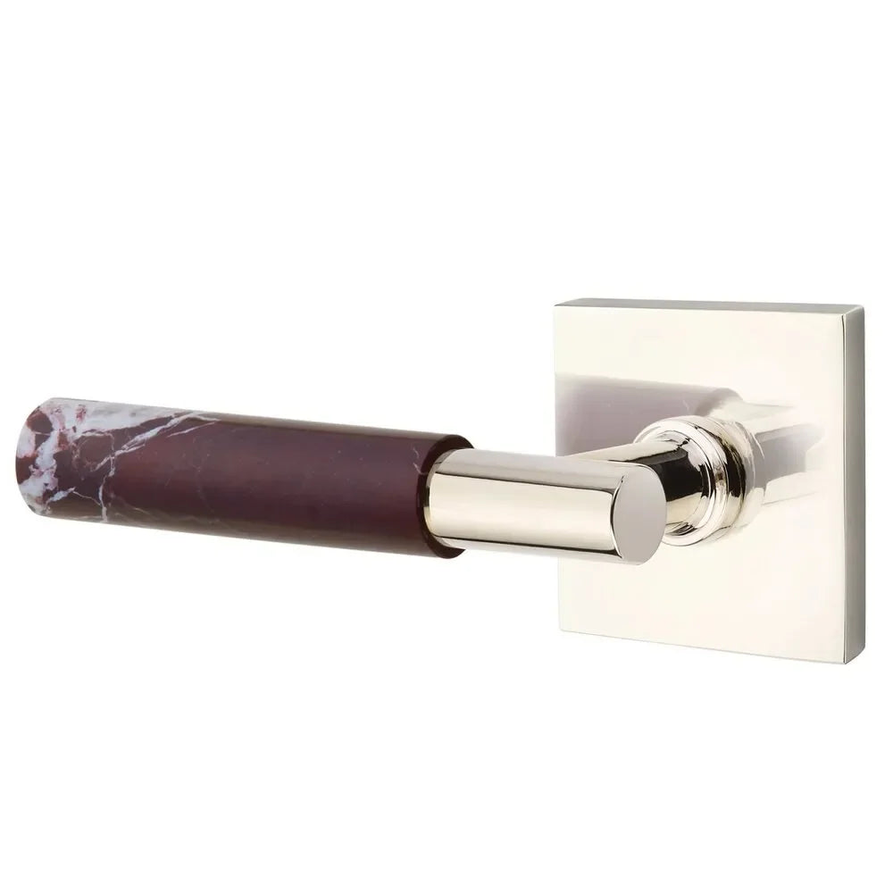 The Emtek Select T-Bar Rosso Levanto Marble Lever with Square Rosette in Lifetime Polished Nickel finish.