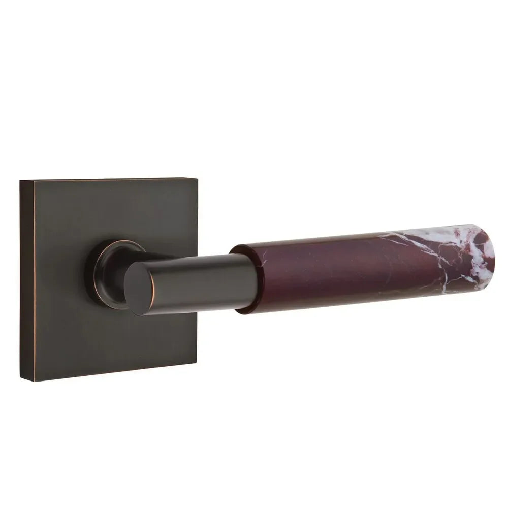The Emtek Select T-Bar Rosso Levanto Marble Lever with Square Rosette in Oil Rubbed Bronze finish.