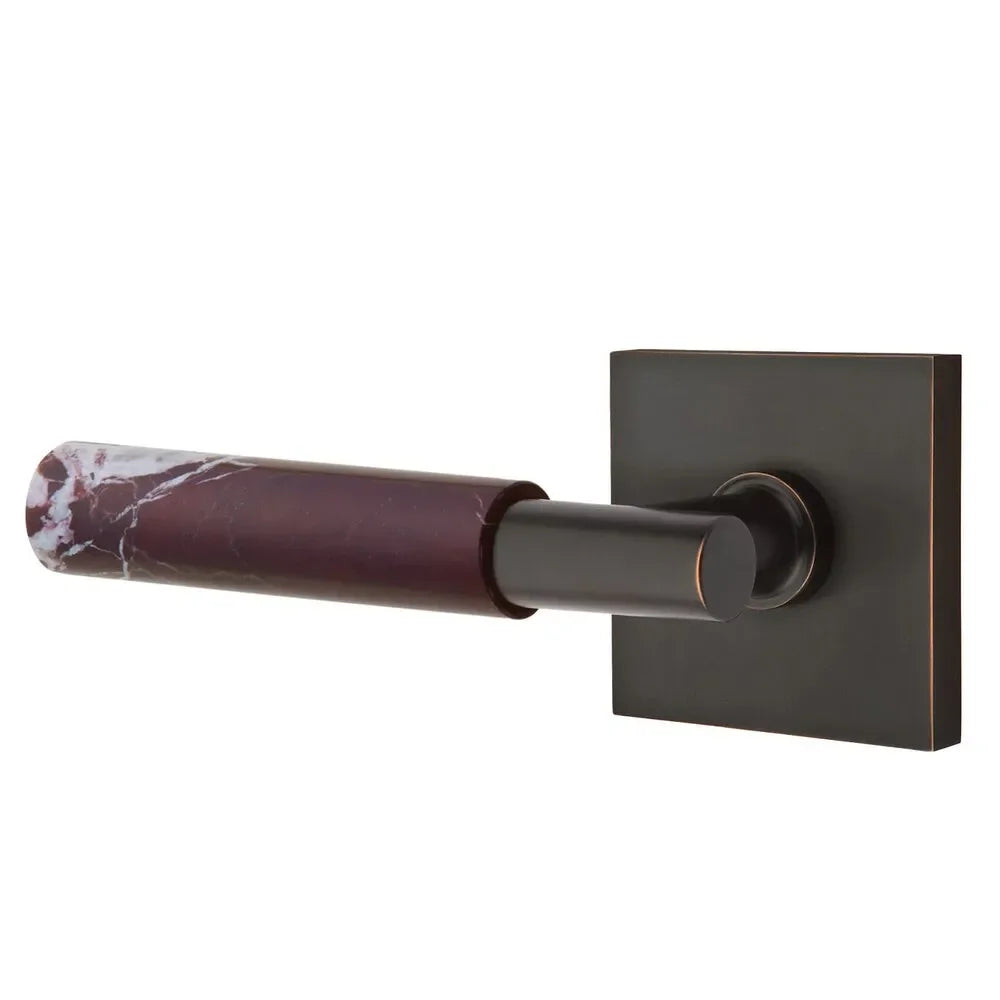 The Emtek Select T-Bar Rosso Levanto Marble Lever with Square Rosette in Oil Rubbed Bronze finish.