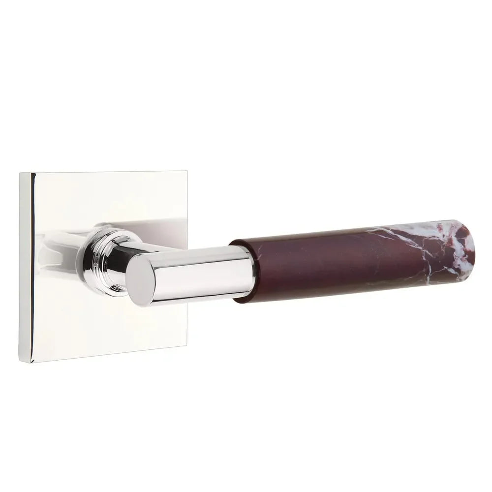 The Emtek Select T-Bar Rosso Levanto Marble Lever with Square Rosette in Polished Chrome finish.
