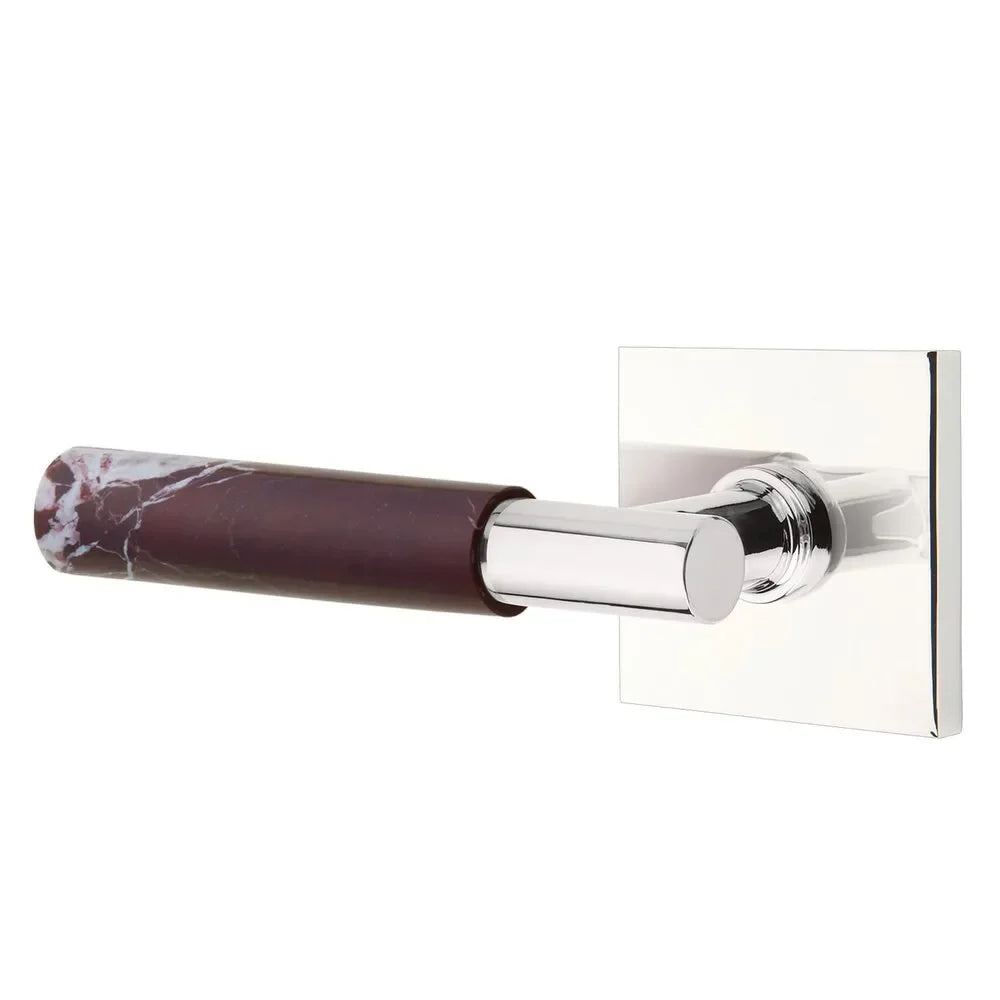 The Emtek Select T-Bar Rosso Levanto Marble Lever with Square Rosette in Polished Chrome finish.