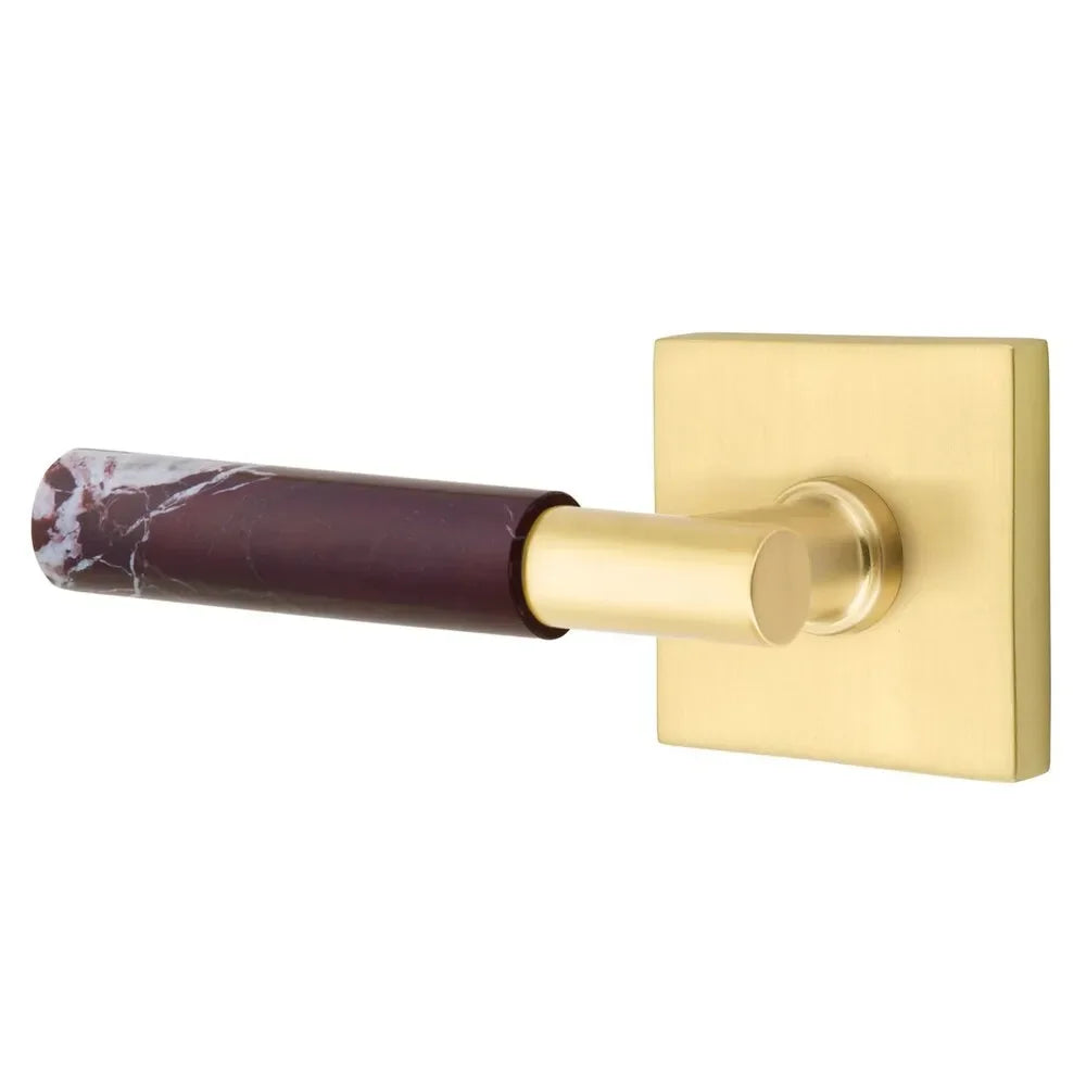 The Emtek Select T-Bar Rosso Levanto Marble Lever with Square Rosette in Satin Brass finish.