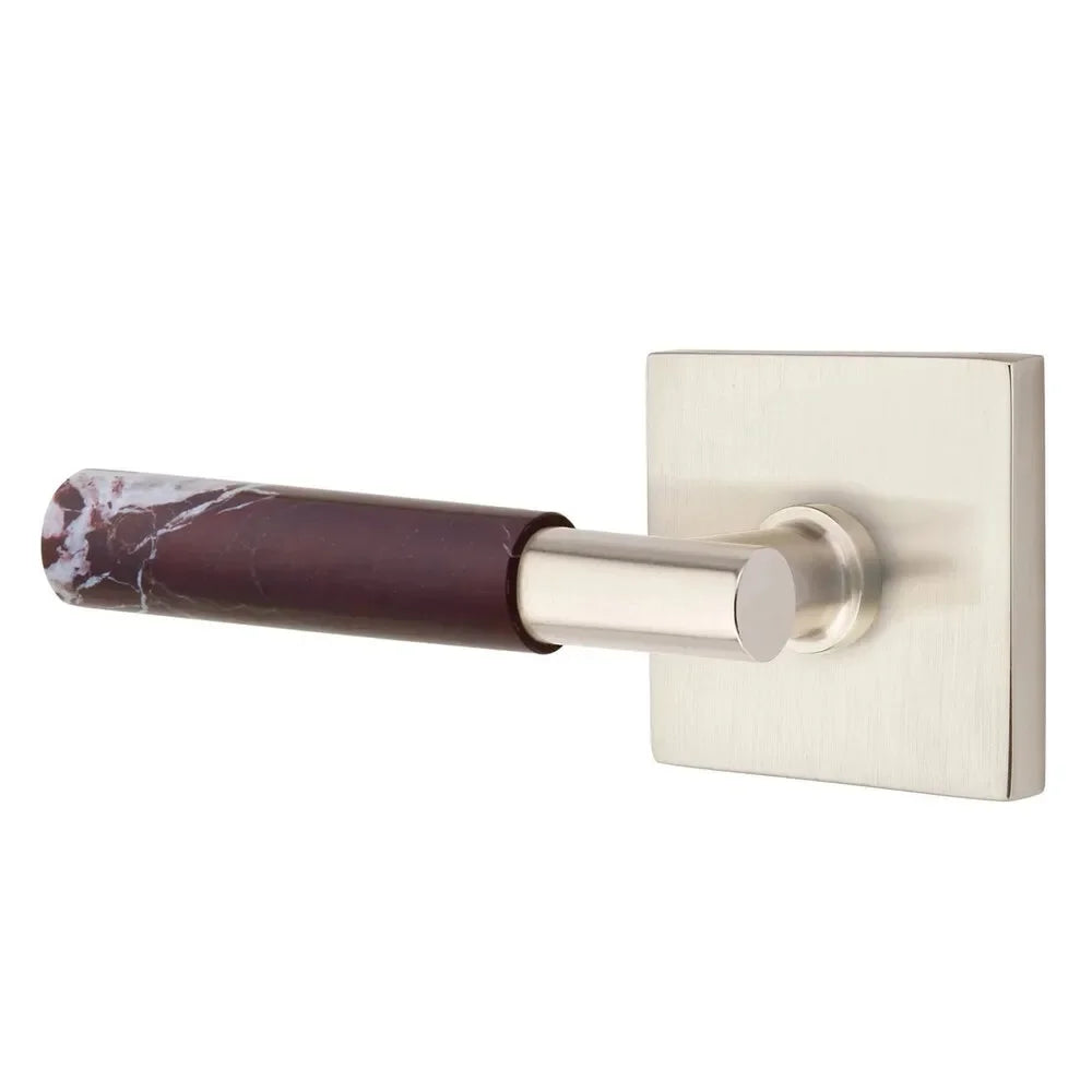 The Emtek Select T-Bar Rosso Levanto Marble Lever with Square Rosette in Satin Nickel finish.