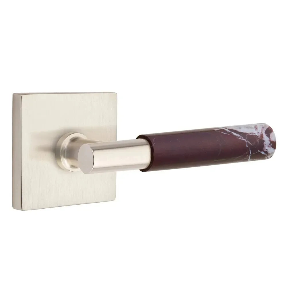 The Emtek Select T-Bar Rosso Levanto Marble Lever with Square Rosette in Satin Nickel finish.