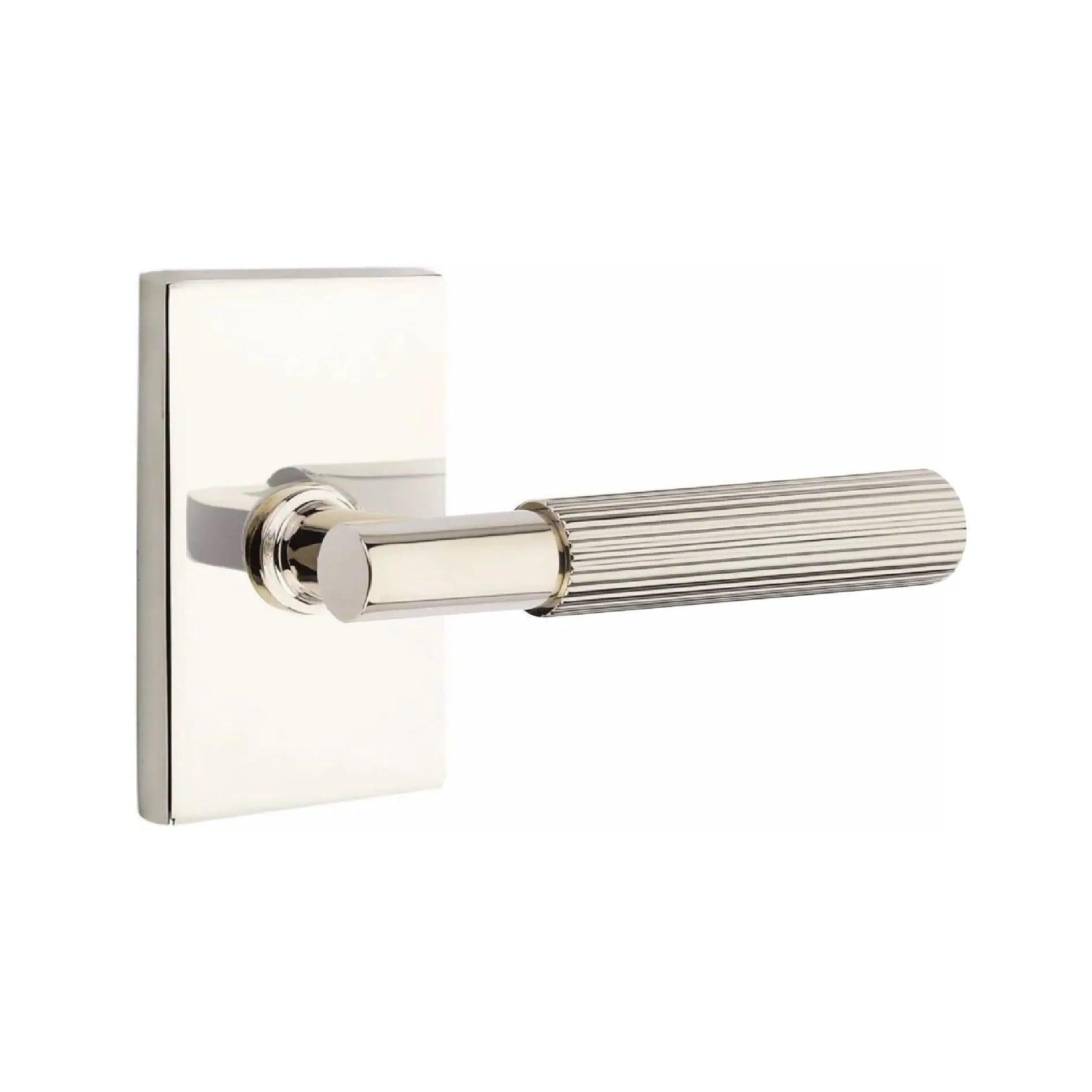 Emtek Select T-Bar Straight Knurled Lever with Modern Rectangular Rosette Lifetime Polished Nickel