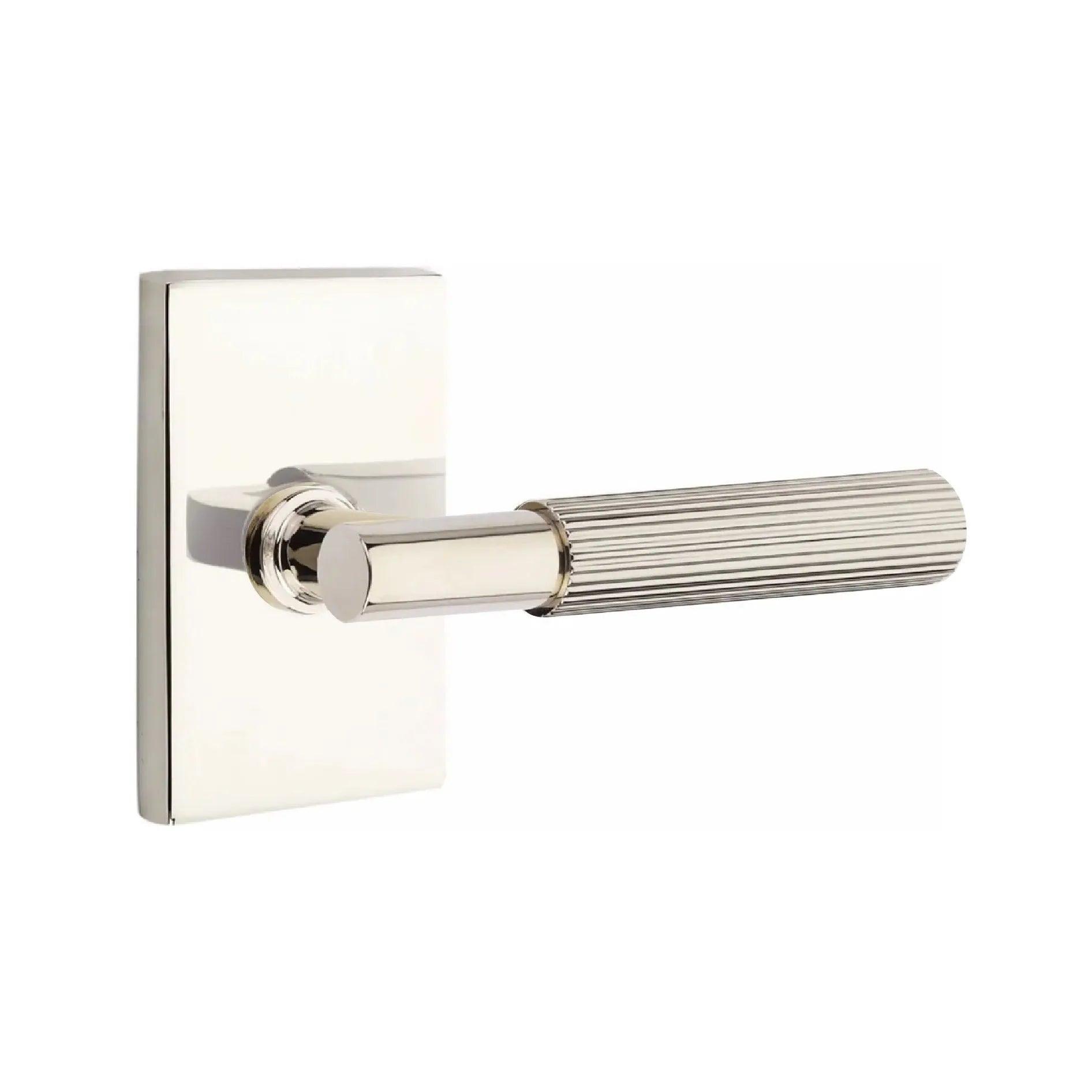 Emtek Select T-Bar Straight Knurled Lever with Modern Rectangular Rosette Lifetime Polished Nickel