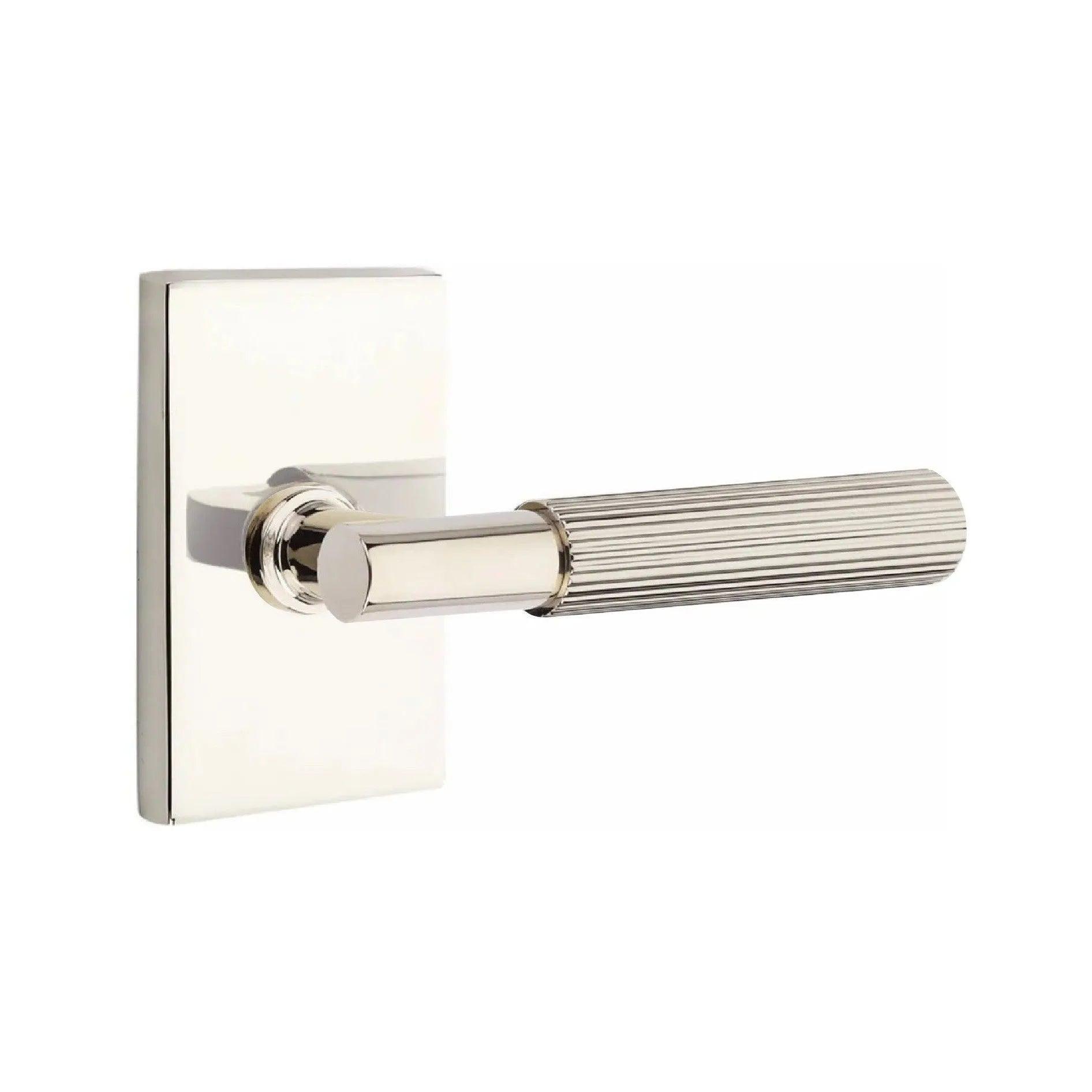 Emtek Select T-Bar Straight Knurled Lever with Modern Rectangular Rosette Lifetime Polished Nickel