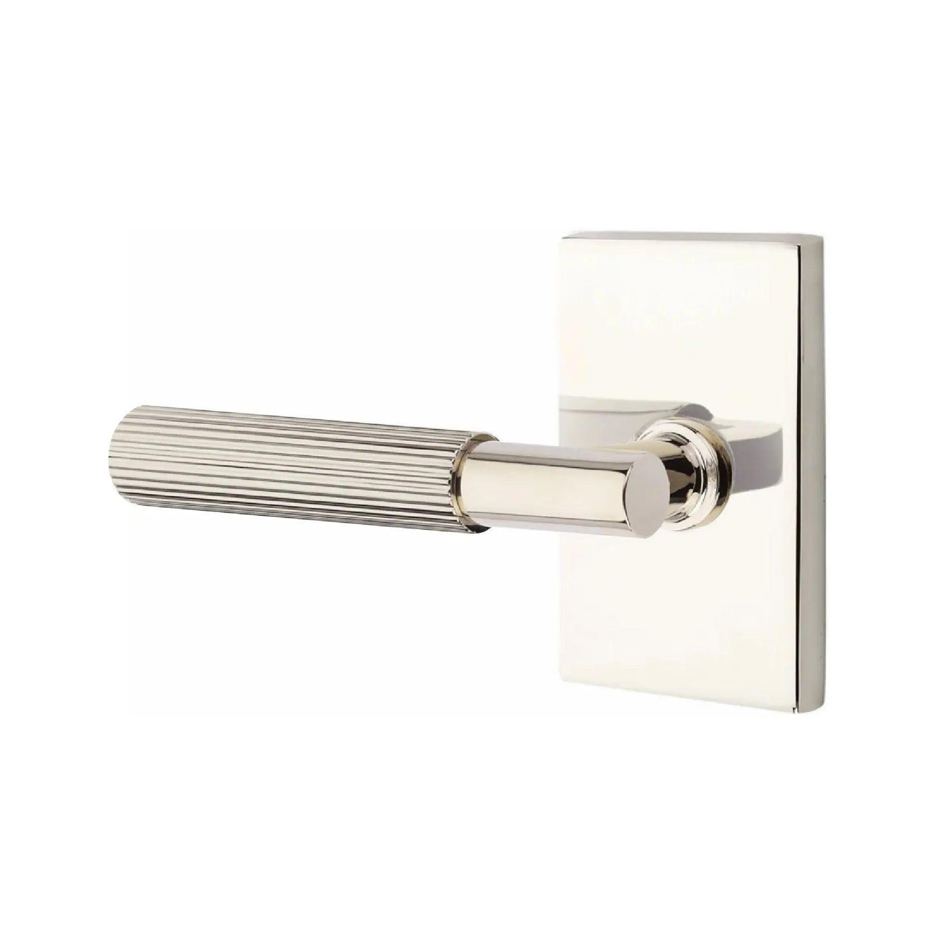 Emtek Select T-Bar Straight Knurled Lever with Modern Rectangular Rosette Lifetime Polished Nickel